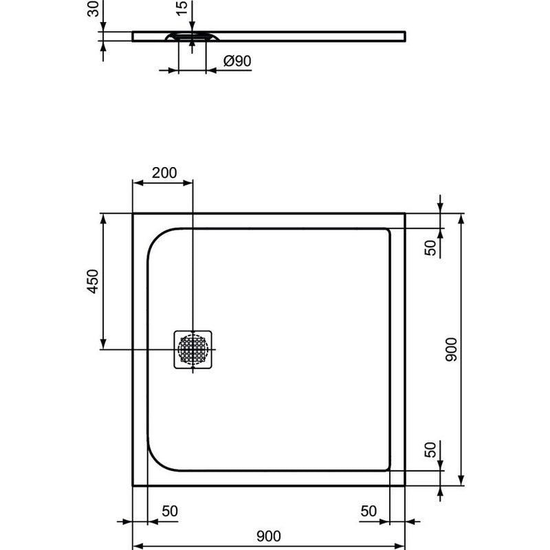 Ideal Standard - Rechteck-Brausewanne ULTRAFLAT S, 900x900x30mm, Carraraweiß