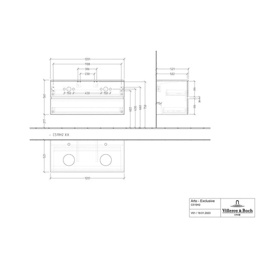 VILLEROY & BOCH - Konsolen-Unterschrank 1200mm f AWT 2 Ausz 2 Aussch mLB C519H2 RR Macciato