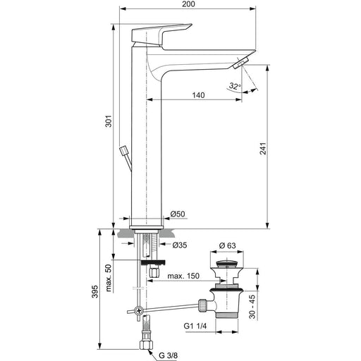 Ideal Standard - WT-Arm.TESI, BlueStart,m.verl.Sockel, 5 l/min., m.Ablgarn., Ausld.140mm, Chrom