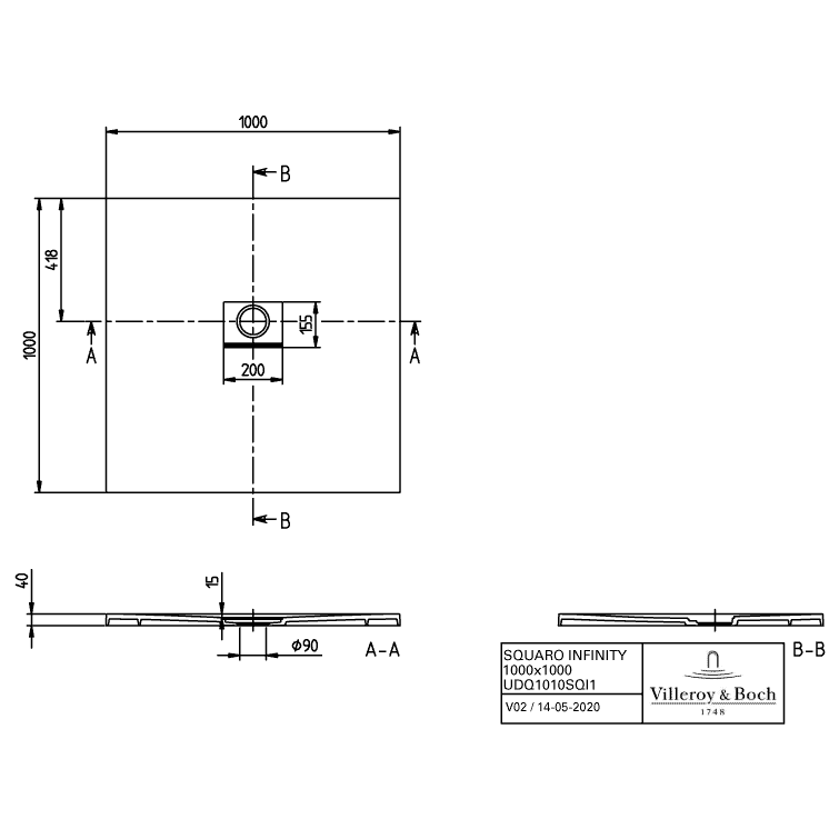 VILLEROY & BOCH - Duschwanne Squaro Infinity 1000x1000 x40mm quadr. flächenbündiger Einbau Grey
