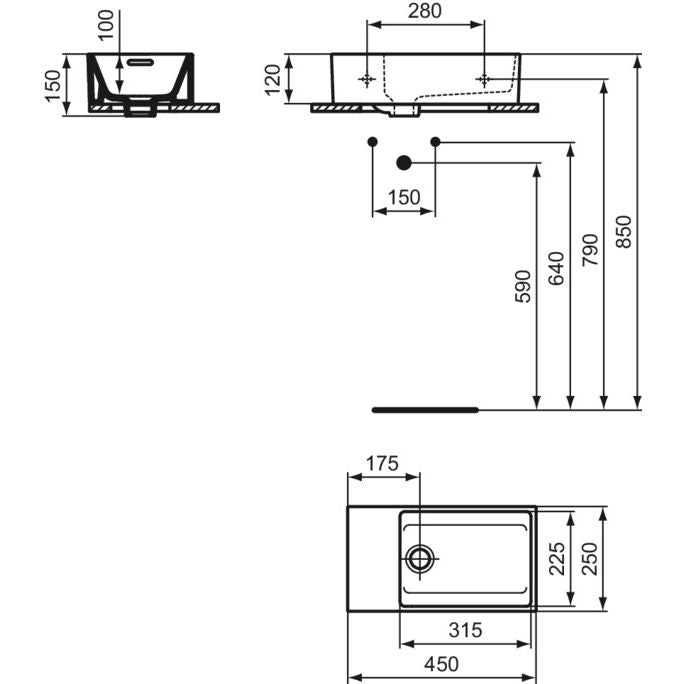 Ideal Standard - Handwaschbecken EXTRA, o.Hl., m.Ül., Ablage links, 450x250x150mm, Weiß