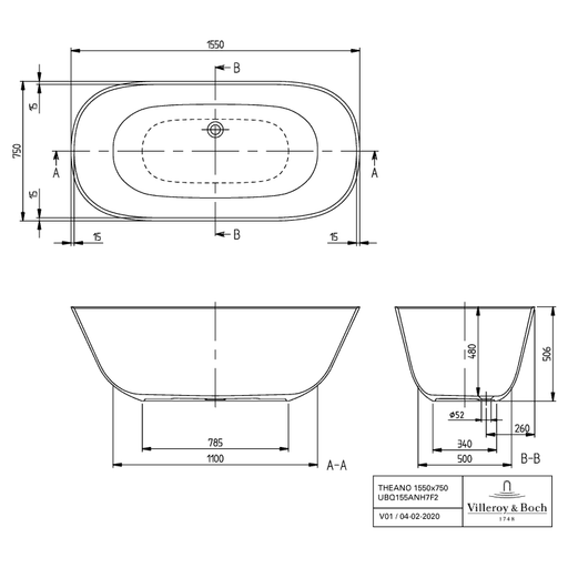 VILLEROY & BOCH - Badewanne Theano 1550x750x620mm Solo Freistehend ColourOnDemand Stone White
