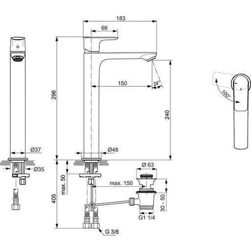 Ideal Standard - WT-Arm. CONNECT AIR, Slim, BlueStart, m.verl.Sockel, m.Ablgarn., Sundance gold
