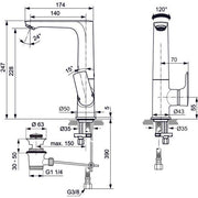 Ideal Standard - WT-Arm.CONNECT AIR,5l/min, m.Ablgarn. m.hohem schwenkb.Ausl.,Ausld.140mm,Chrom
