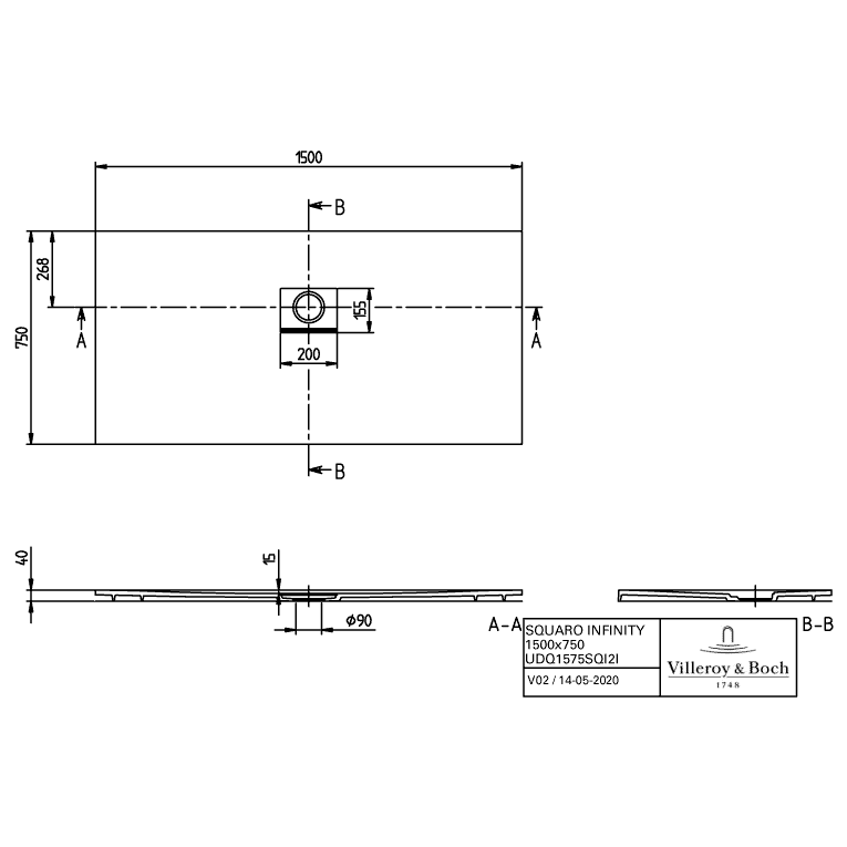 VILLEROY & BOCH - Duschwanne Squaro Infinity 1500x750x40mm re-eckig Grey