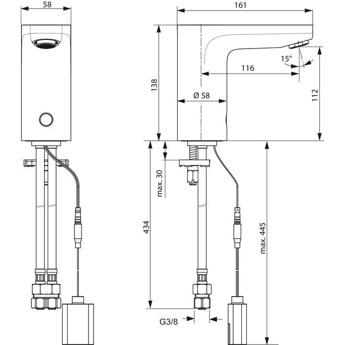 Ideal Standard - Sensor-WT-Armatur CERAPLUS, o. Misch. Batteriebetrieben, Ausld. 116mm, Chrom