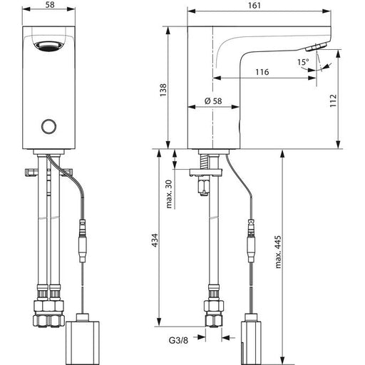 Ideal Standard - Sensor-WT-Armatur CERAPLUS, o. Misch. Batteriebetrieben, Ausld. 116mm, Chrom