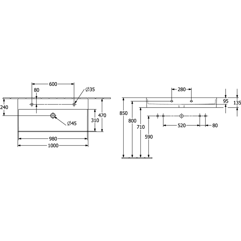 VILLEROY & BOCH - Waschbecken Memento 2.0 1000x470mm re-eckig 2HL. o. ÜL. Graphite cplus