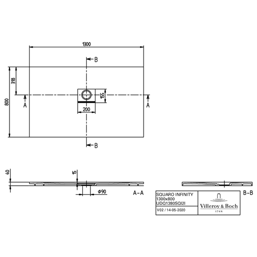 VILLEROY & BOCH - Duschwanne Squaro Infinity 1300x800x40mm re-eckig Stone White
