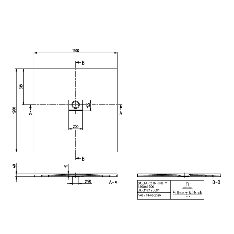 VILLEROY & BOCH - Duschwanne Squaro Infinity 1200x1200x40mm quadr. Anthracite