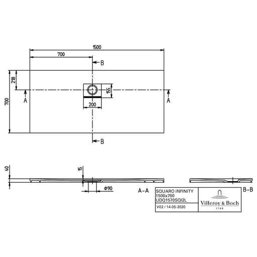 VILLEROY & BOCH - Duschwanne Squaro Infinity 1500x700x40mm re-eckig EB:li Anthracite