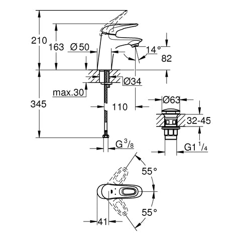 Grohe - EH-WT-Batt. EUROSTYLE 23929 S-Size Push-open Abl.grt. Hebel offen chrom