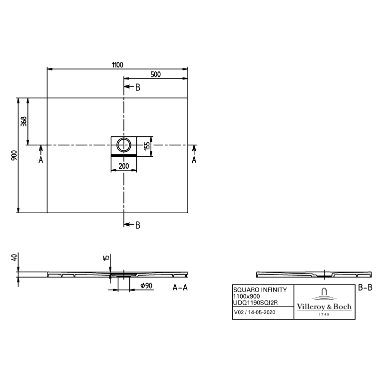 VILLEROY & BOCH - Duschwanne Squaro Infinity 1100x900x40mm re-eckig EB:re Grey