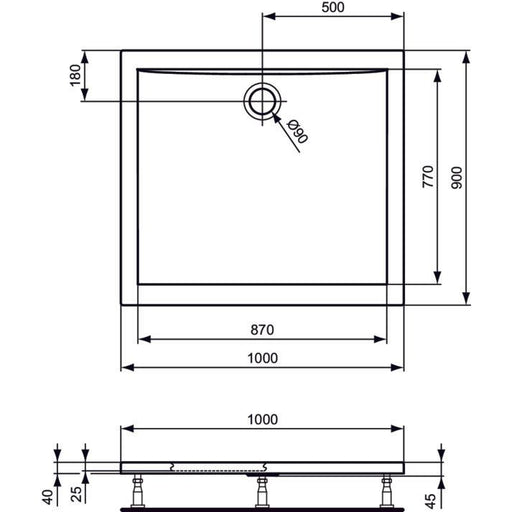 Ideal Standard - Rechteck-Brausewanne ULTRA FLAT, 1000x900x47mm, Weiß