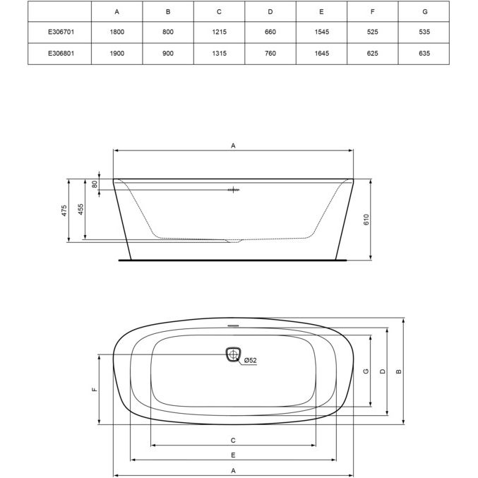 Ideal Standard - Badewanne DEA, freistehend, 1900x900x475/610mm, Weiß