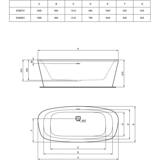 Ideal Standard - Badewanne DEA, freistehend, 1900x900x475/610mm, Weiß