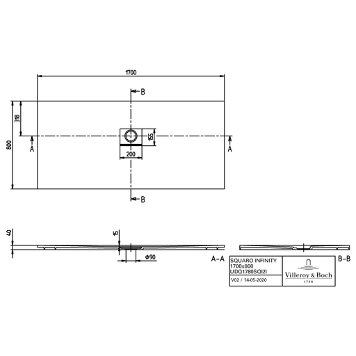 VILLEROY & BOCH - Duschwanne Squaro Infinity 1700x800x40mm re-eckig Stone White