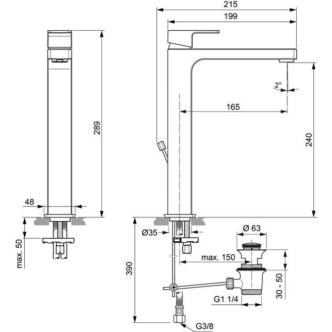 Ideal Standard - WT-Armatur EDGE, m.verl. Sockel, 5 l/min., m.Ablgarn., Ausld.165mm, Chrom