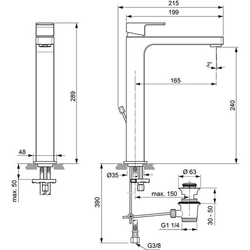 Ideal Standard - WT-Armatur EDGE, m.verl. Sockel, 5 l/min., m.Ablgarn., Ausld.165mm, Chrom