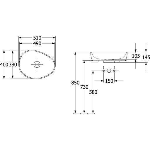 VILLEROY & BOCH - Aufsatzwaschbecken Antao 510x400mm Asymmetrisch o. ÜL. Weiß Alpin cplus
