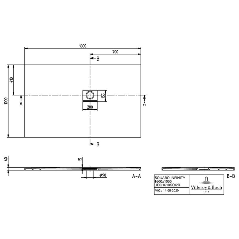 VILLEROY & BOCH - Duschwanne Squaro Infinity 1600x1000x40mm re-eckig EB:re Grey