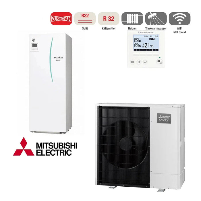 Mitsubishi Electric Split Wärmepumpe Set 12,0 kW Heizen Zubadan Inverter mit 200/300 Liter Speicher Hydromodul EHSTD-YM9ED + PUD-SHWM120YAA 400V