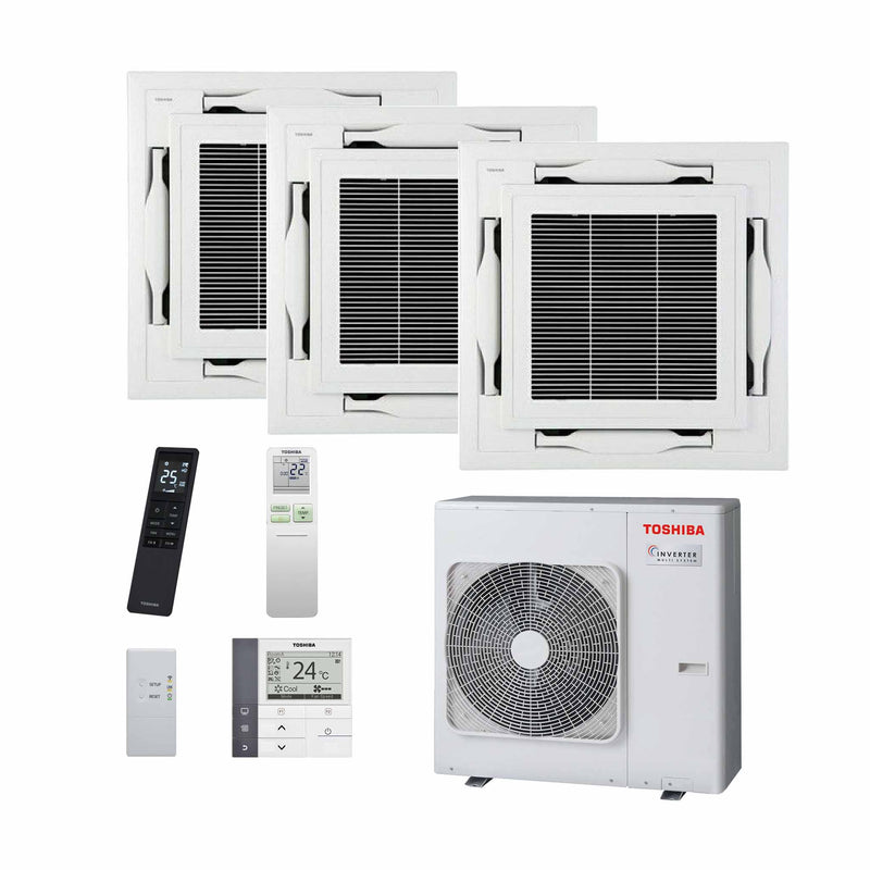 Das ist eine Toshiba Deckenkassette – Multisplit-Klimaanlage (3 × Deckenkassette + 1 × Außengerät) – 3 Innengeräte
