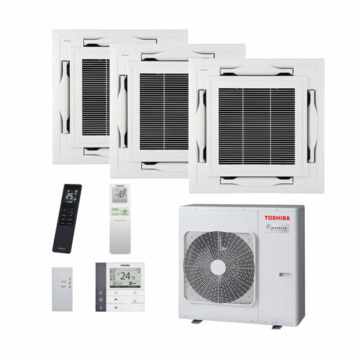 Das ist eine Toshiba Deckenkassette – Multisplit-Klimaanlage (3 × Deckenkassette + 1 × Außengerät) – 3 Innengeräte
