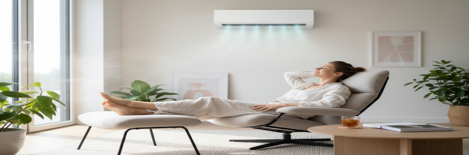 a woman sitting on a chair and enjoying an air conditioner