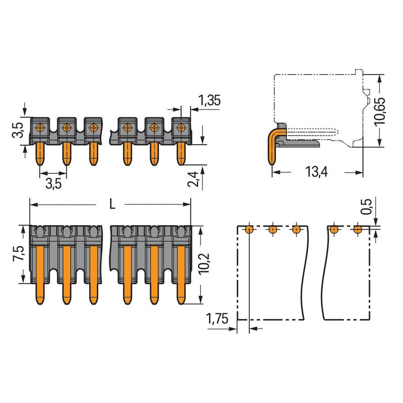 WAGO - Leiterplattensteckverbinder THR-Stiftleiste Lötstift 2091-1726/200-000 1,0mm,abgewinkelt,sw − 400 Stück