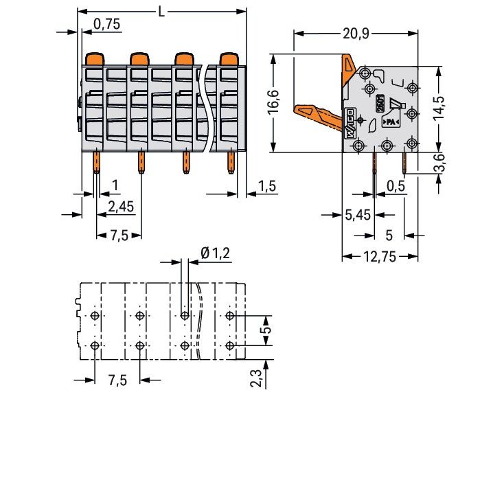 WAGO - Leiterplattenklemme 2601-3310 1,5mm²,gr − 20 Stück