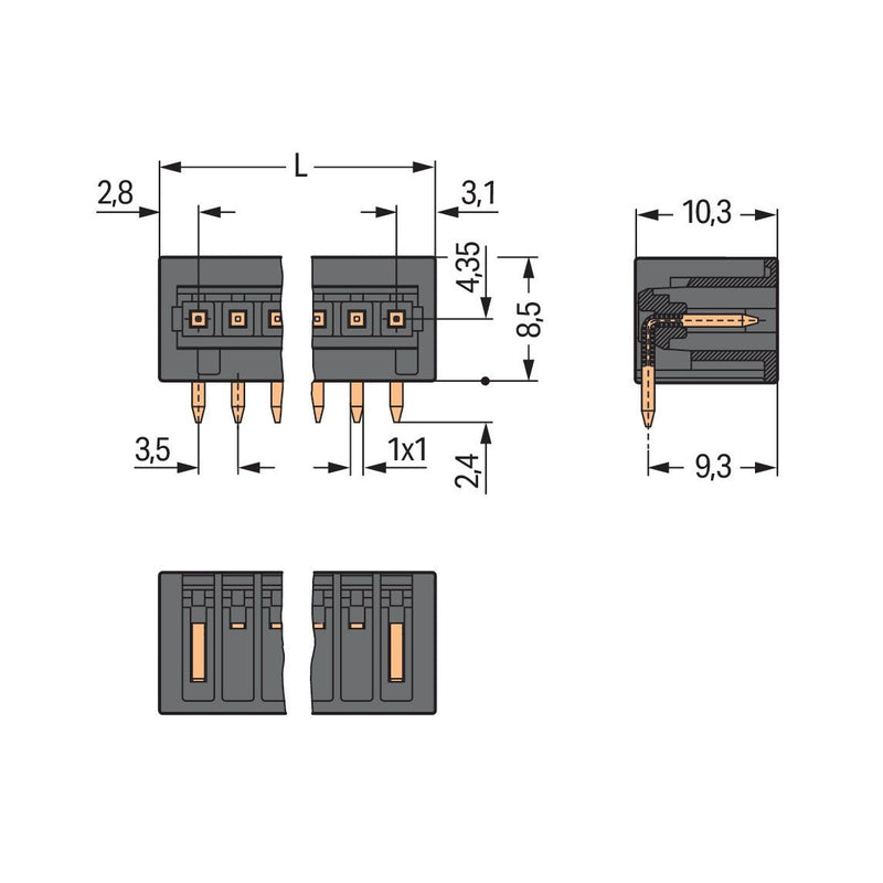 WAGO - Leiterplattensteckverbinder THR-Stiftleiste Lötstift 734-171/105-604 1,0x1,0,abgew.,sw − 100 Stück