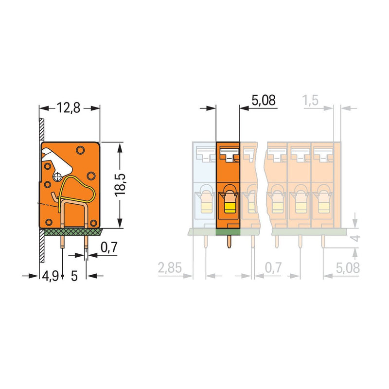 WAGO - Leiterplattenklemme Anreihbare Leiterplattenk. 741-911 Drücker,2,5mm²,or − 100 Stück