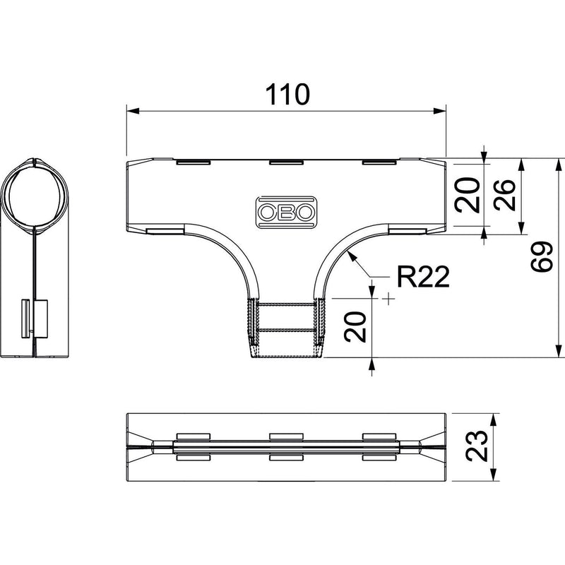 OBO Bettermann - T-Stück/Kreuzstück für Installationsrohr Quick-Pipe-T-Stück 3000 TMS M20 LGR − 5 Stück