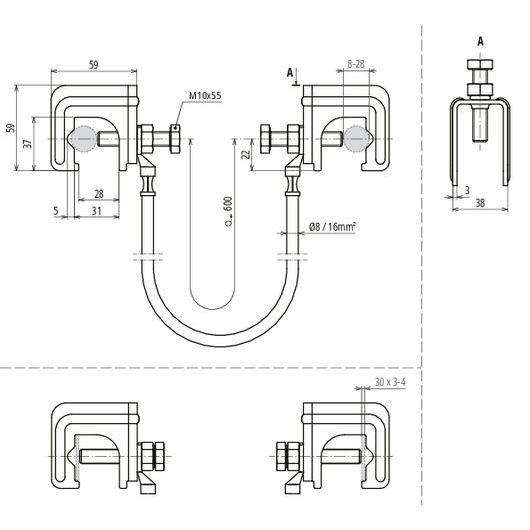 DEHN - Zubehör/Ersatzteile für Erdung und Blitzschutz Überbrückungsgarnitur UES 16 L600 2VK RD14 für Rd 16,5-28mm
