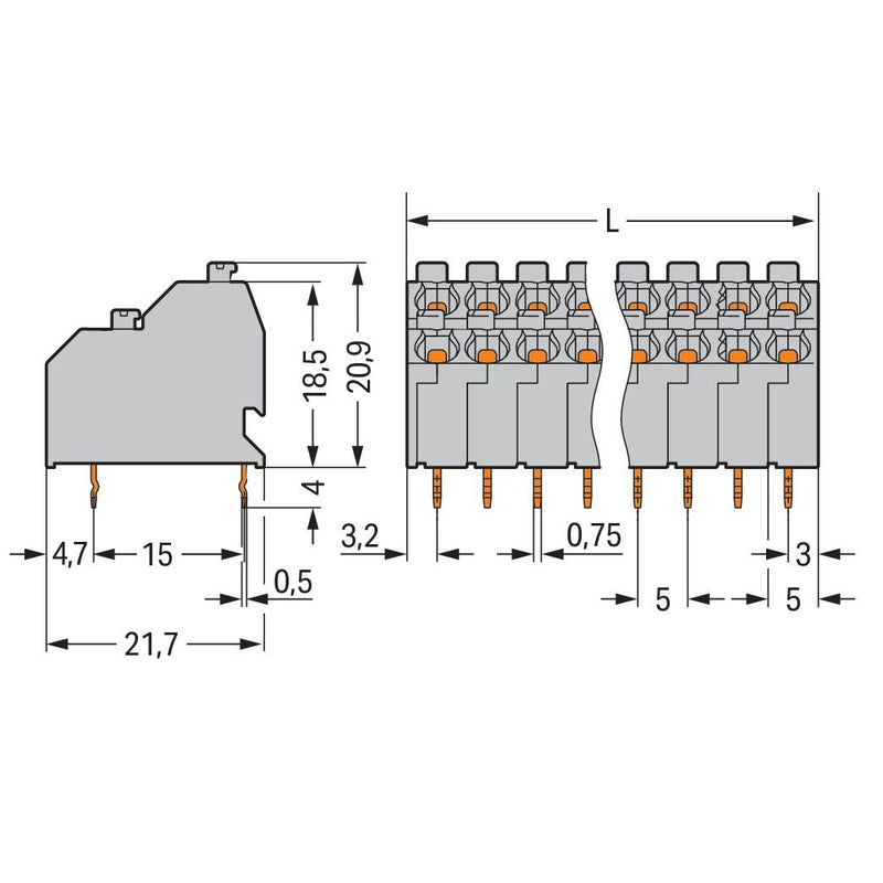 WAGO - Leiterplattenklemme DoppelstockLeiterplattenk. 250-703 Drücker,1,5mm²,gr − 45 Stück