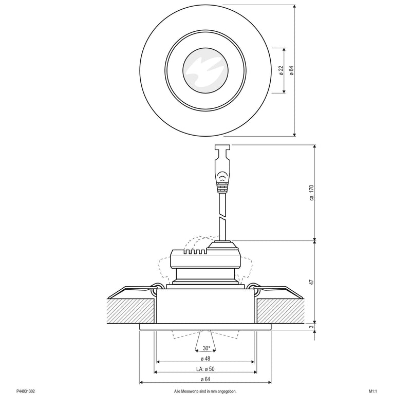 EVN Lichttechnik - Downlight/Strahler/Flutlicht LED-Deckeneinbauleuchte P44031302 eds 3000K 350mA IP44