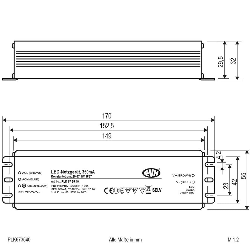 EVN Lichttechnik - LED-Betriebsgerät LED-Netzgerät PLK673540 350mA 20-37W IP67