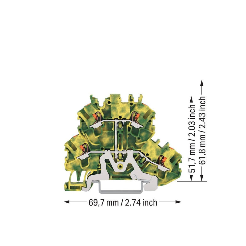 WAGO - Durchgangs-Reihenklemme Doppelstockklemme 2202-2207 Drücker,grün-gelb − 50 Stück