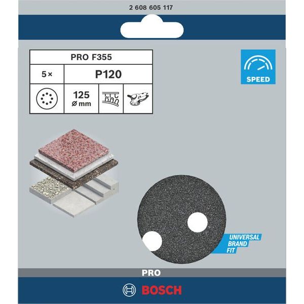 Bosch - Schleifpapier/Schleifvlies PRO F355 Schleifblatt, 125 2608605117 mm, 120, 5-tlg
