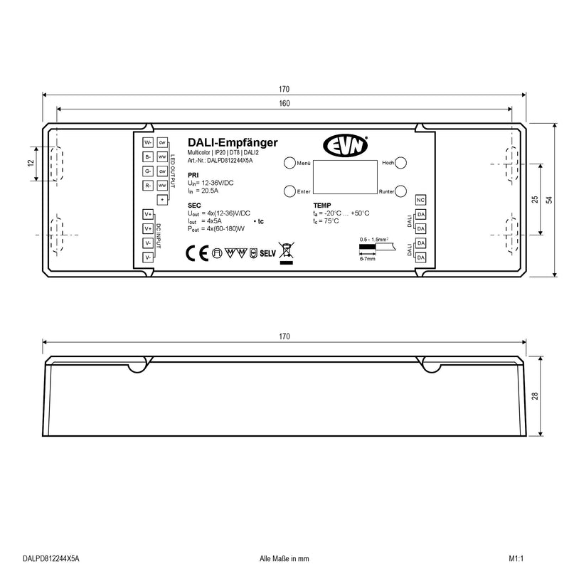 EVN Lichttechnik - Steuergerät für Leuchten DALI-LED-Steuerung DALPD812244X5A 12-36VDC 1152W