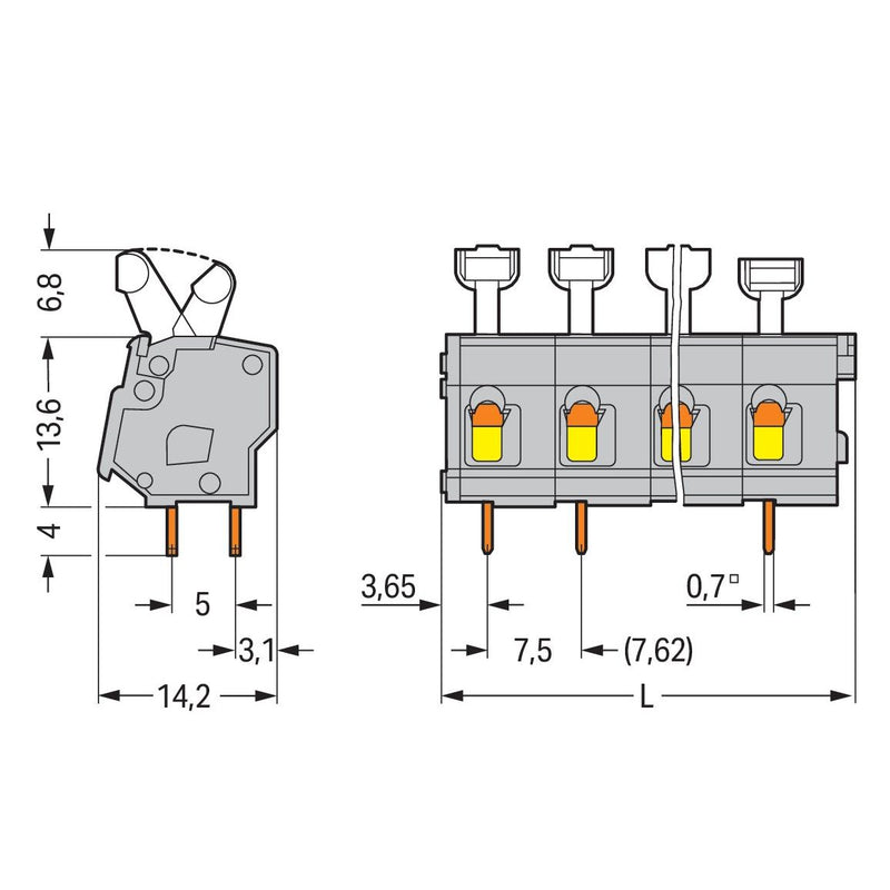 WAGO - Leiterplattenklemme 257-510 Drücker,2,5 mm²,grau − 15 Stück