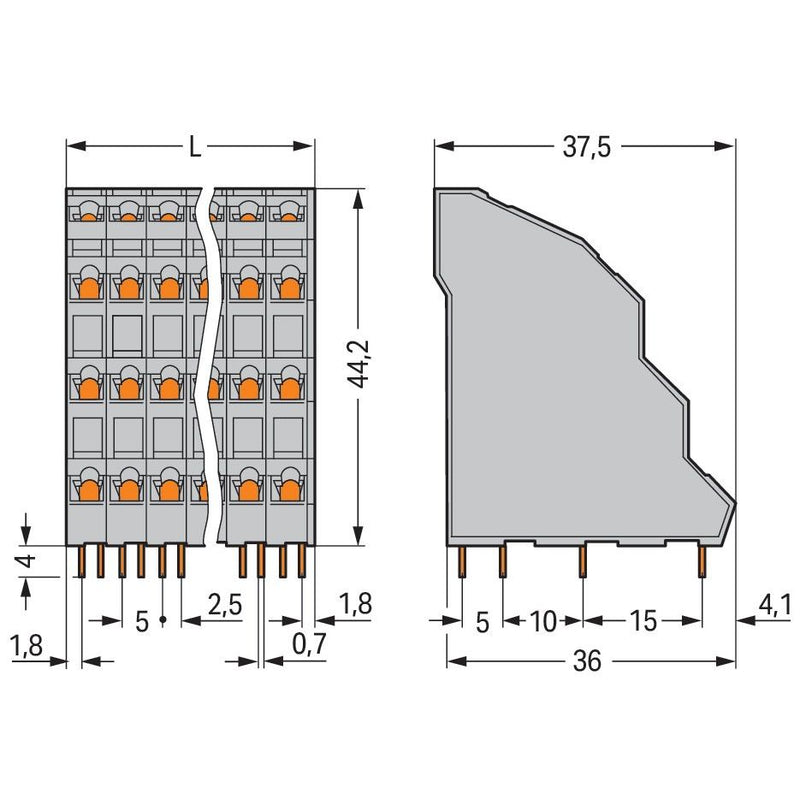 WAGO - Leiterplattenklemme Vierstock-Leiterplattenkl. 738-208 2,5mm² − 18 Stück