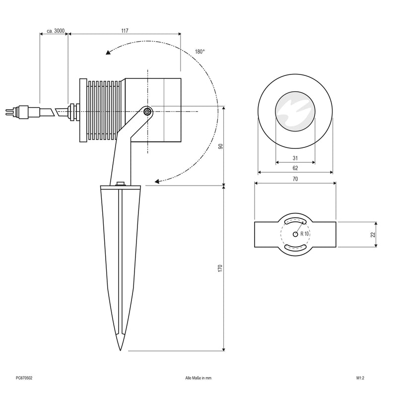 EVN Lichttechnik - Downlight/Strahler/Flutlicht P-LED COB Spot m.Erdspieß PC 670502 alu-mt 24VDC 5W 3000K IP67