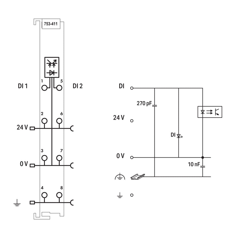 WAGO - Feldbus, Dez. Peripherie - Digitales Ein-/Ausgangs-Modul Digitale Eingangsklemme 753-411 2DI 24V DC 0,2ms