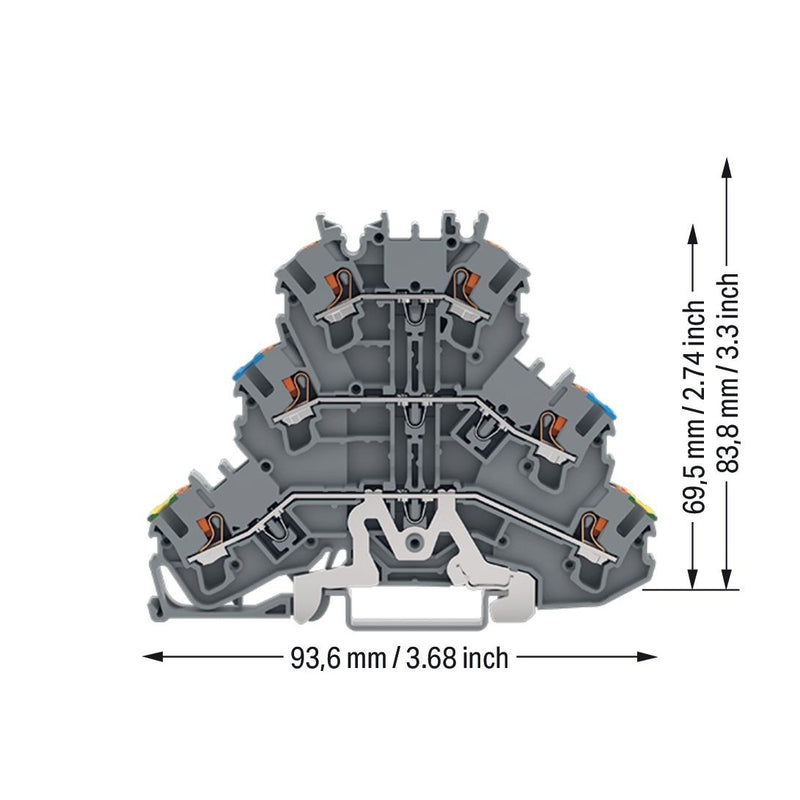 WAGO - Schutzleiter-Reihenklemme Dreistockklemme 2202-3217 mit Drücker, grau − 50 Stück