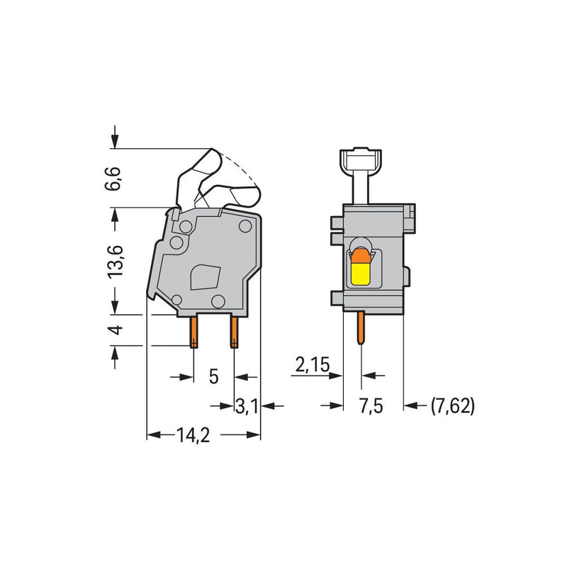 WAGO - Leiterplattenklemme Anreihbare Leiterplattenk. 257-854 Drücker,2,5mm²,bl − 100 Stück