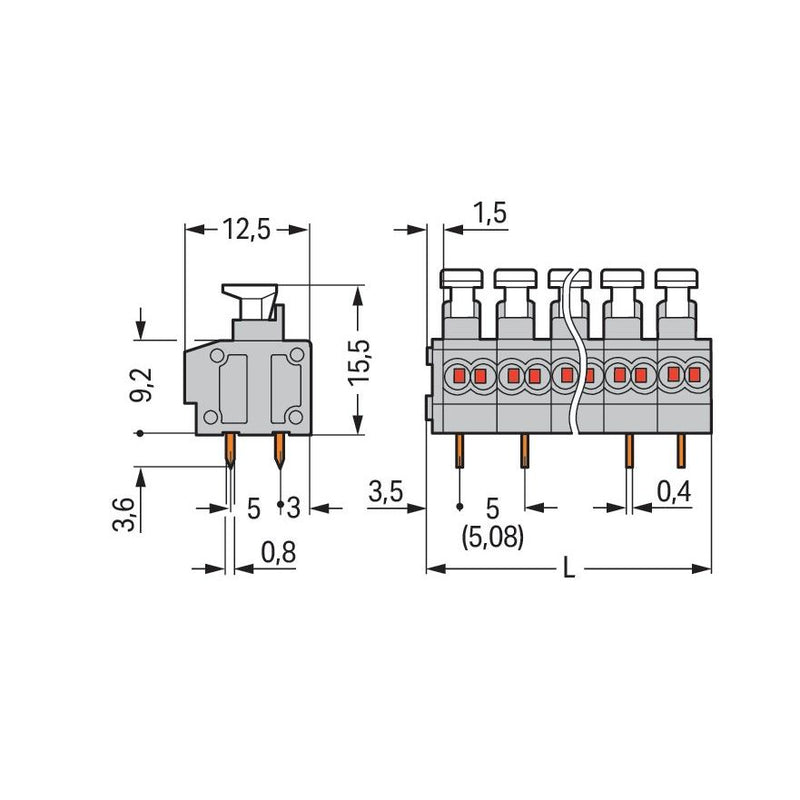 WAGO - Leiterplattenklemme 2-Leiter-Leiterplattenkle. 235-455/331-000 Drücker,0,75mm²,gr − 45 Stück