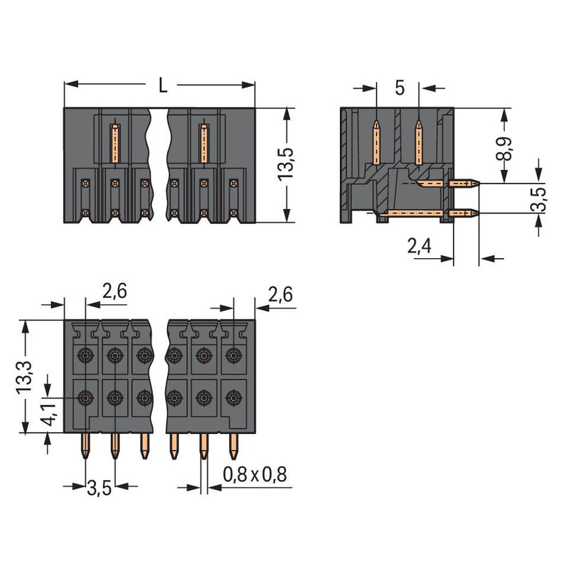 WAGO GmbH & Co. KG - Leiterplattensteckverbinder THR-Stiftleiste 2-reihig 713-14#4055143778312 0,8x0,8,abgew.,sw − 120 Stück