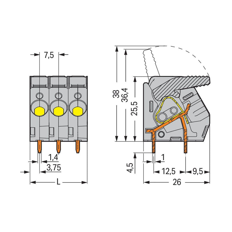 WAGO - Leiterplattenklemme Hebel 2706-104 6mm²,grau − 40 Stück